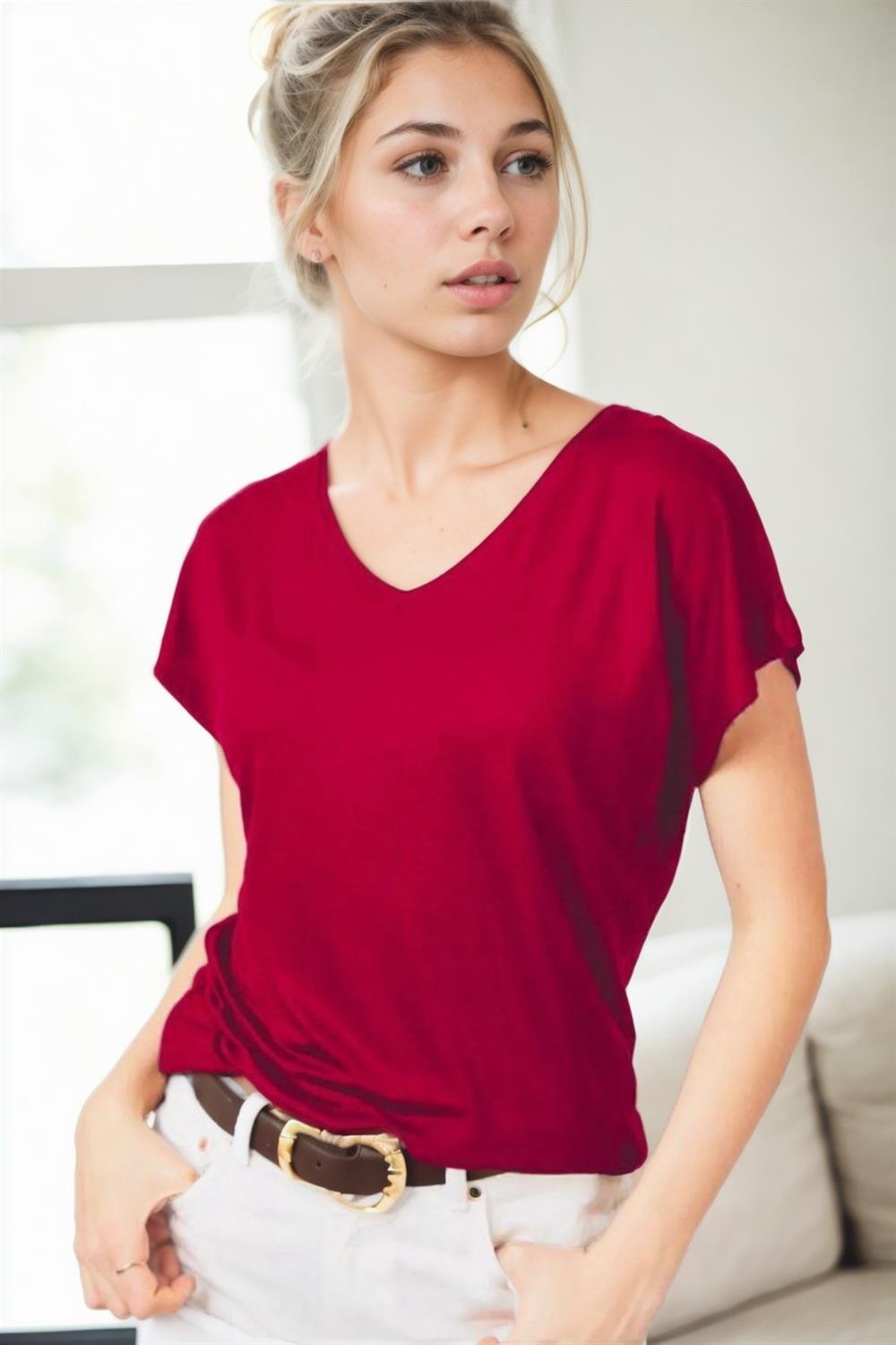 77002 Dewberry V-Neck Basic Women T-Shirt-BORDO