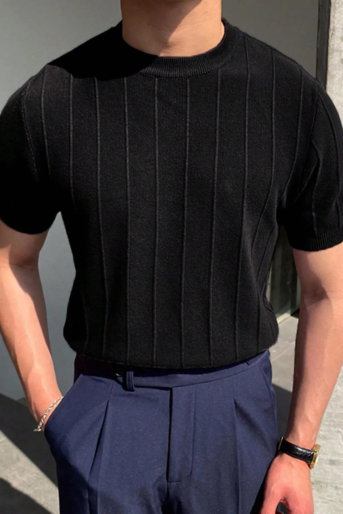 81037 Dewberry Mens Crew Neck Knit T-Shirt-SİYAH