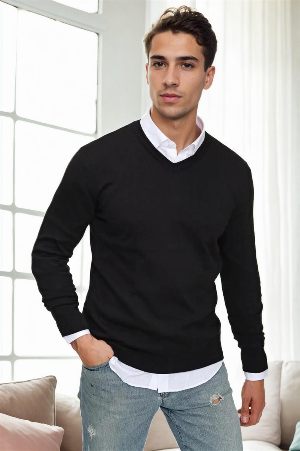 88341 Dewberry V Neck Knitwear Mens Sweater-SİYAH