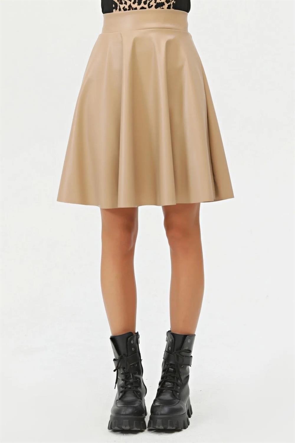 88854 Dewberry Flared Faux Leather Skirt-KREM
