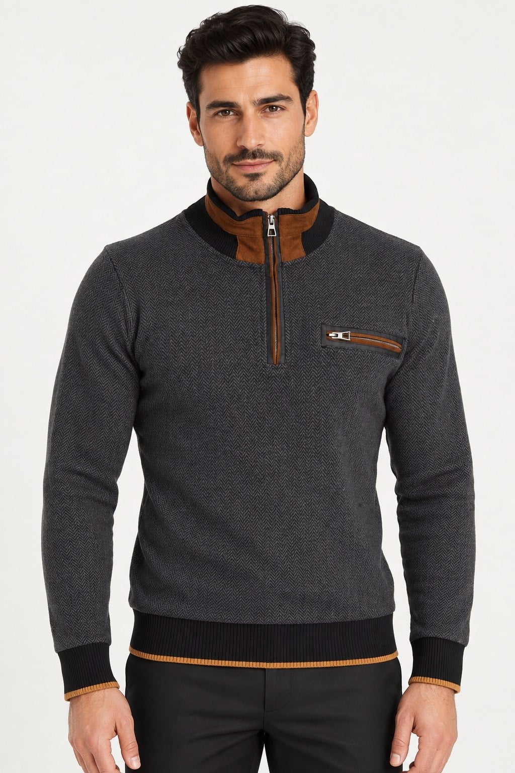 9039 DEWBERRY ERKEK SWEATSHIRT-DESENLİ ANTRASİT - 1