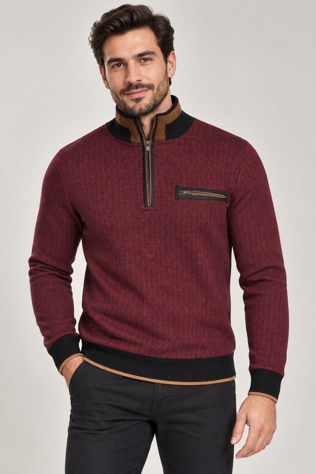 9039 DEWBERRY ERKEK SWEATSHIRT-DESENLİ BORDO-2