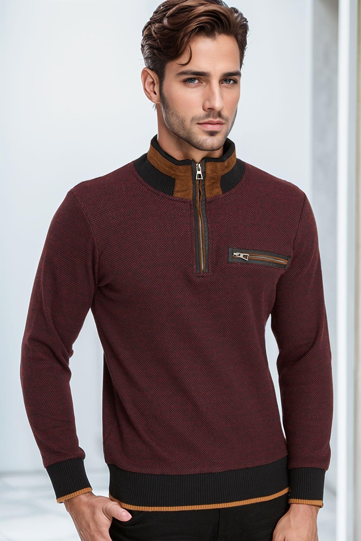 9039 DEWBERRY ERKEK SWEATSHIRT-SİYAH-BORDO