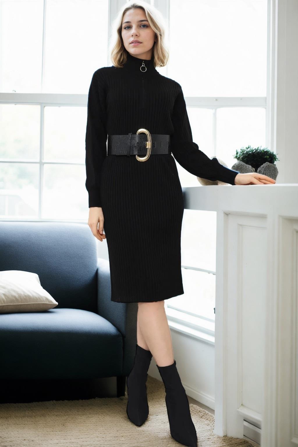 92522 Dewberry Long Knit Women Dress (Belt Not Included)-SİYAH