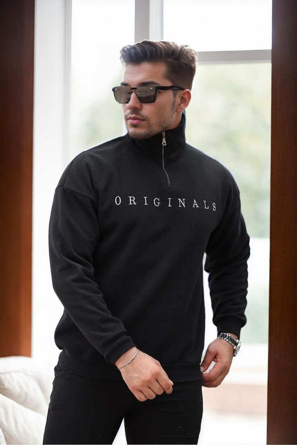 93671 Dewberry Embroidered Zippered Oversize Mens Sweatshirt-SİYAH