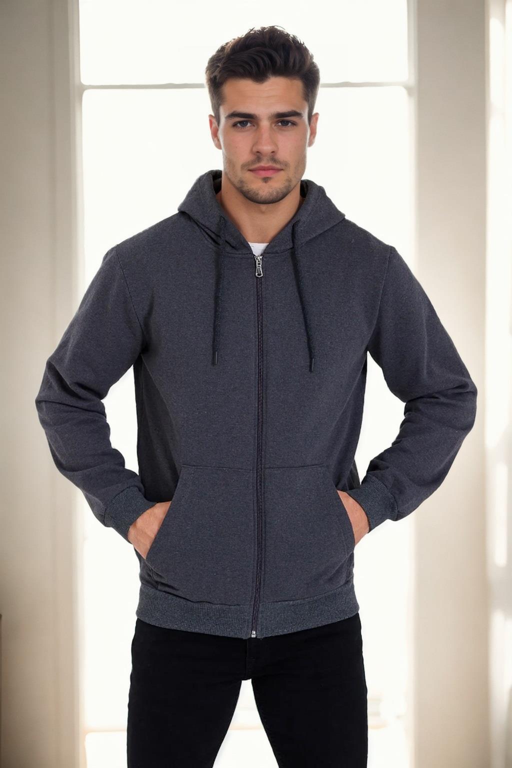94090 Dewberry Kangaroo Pocket Hooded Zipper Mens Sweatshirt-ANTRASİT