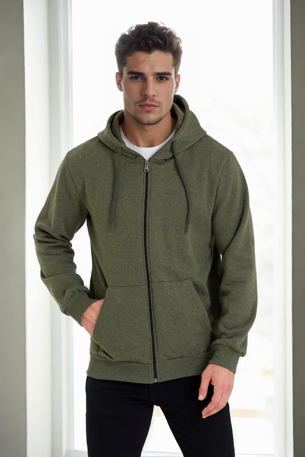 94090 Dewberry Kangaroo Pocket Hooded Zipper Mens Sweatshirt-HAKİ
