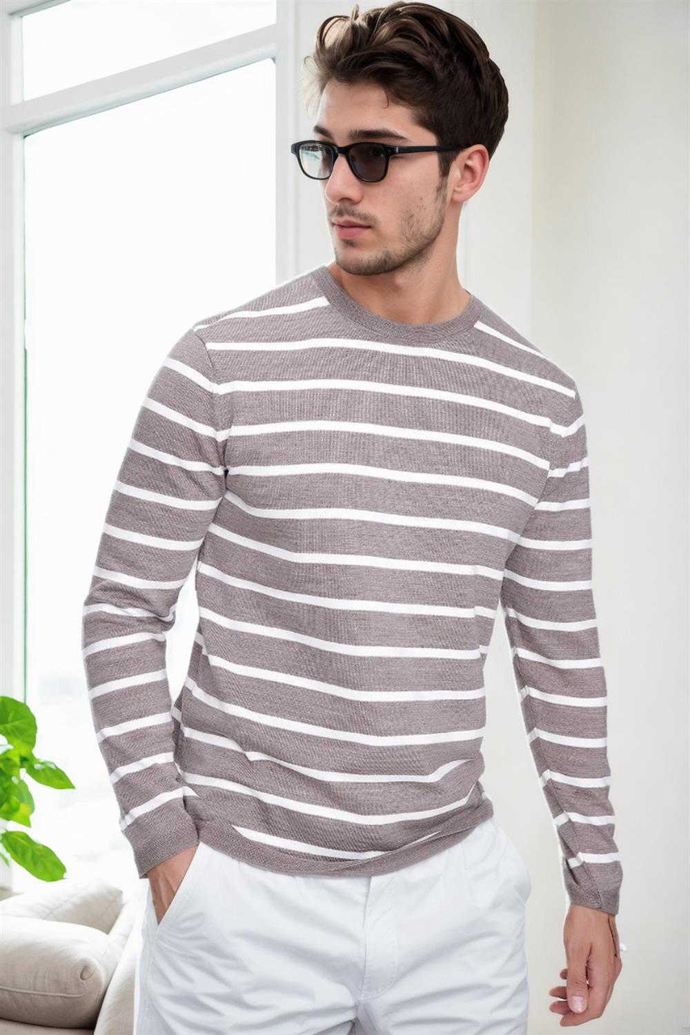99741 Dewberry Crew Neck Striped Casual Knitwear Sweater-VİZON