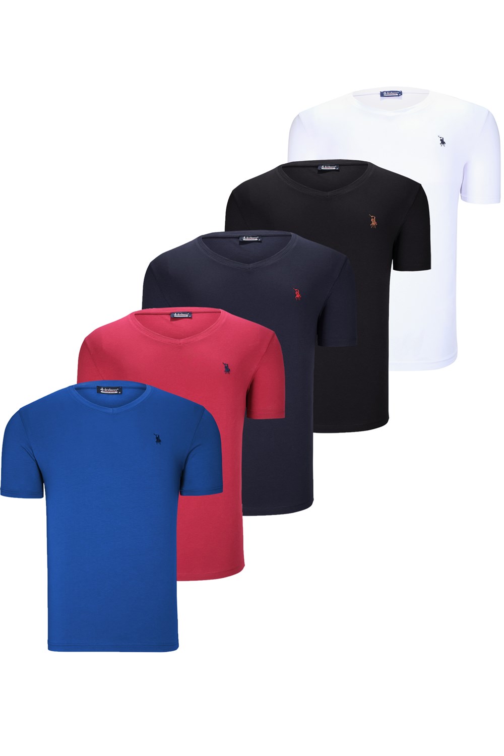 BEŞLİ SET T8568 DEWBERRY V YAKA ERKEK T-SHIRT-SİYAH-BEYAZ-LACİVERT-BORDO-SAKS