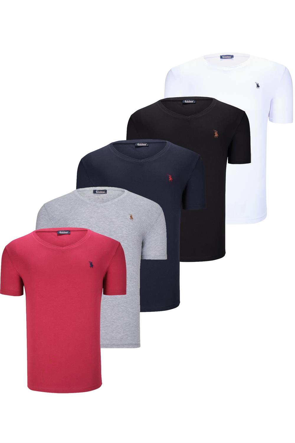 BEŞLİ SET T8568 DEWBERRY V YAKA ERKEK T-SHIRT-SİYAH-BEYAZ-LACİVERT-GRİ-BORDO
