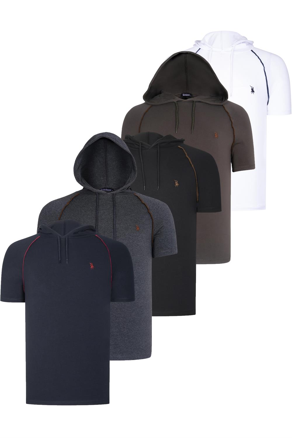 BEŞLİ SET T8570 DEWBERRY KAPŞONLU ERKEK T-SHIRT-SİYAH-BEYAZ-LACİVERT-ANTRASİT-HAKİ