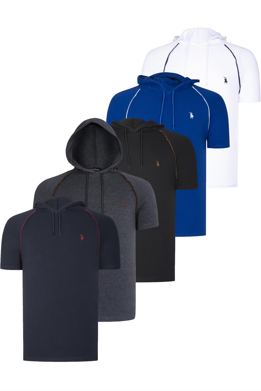 BEŞLİ SET T8570 DEWBERRY KAPŞONLU ERKEK T-SHIRT-SİYAH-BEYAZ-LACİVERT-ANTRASİT-SAKS