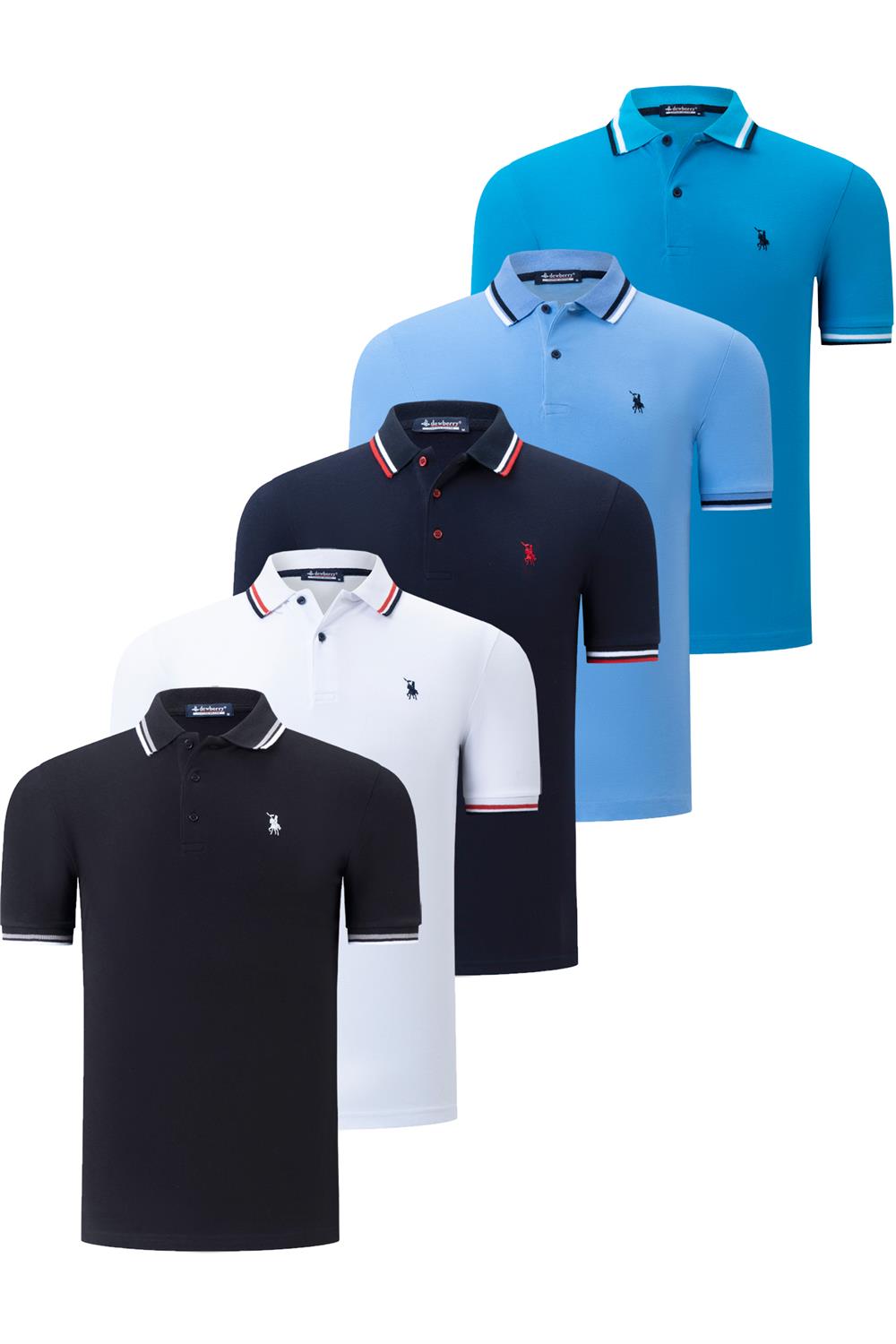 BEŞLİ SET T8594 DEWBERRY ERKEK T-SHIRT-SİYAH-BEYAZ-LACİVERT-KOYU MAVİ-AÇIK MAVİ