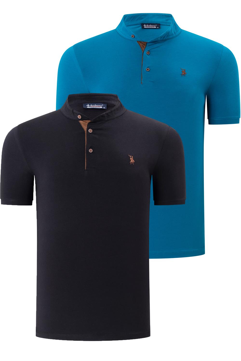 İKİLİ SET T8560 DEWBERRY ERKEK T-SHIRT-KOYU TURKUAZ-SİYAH