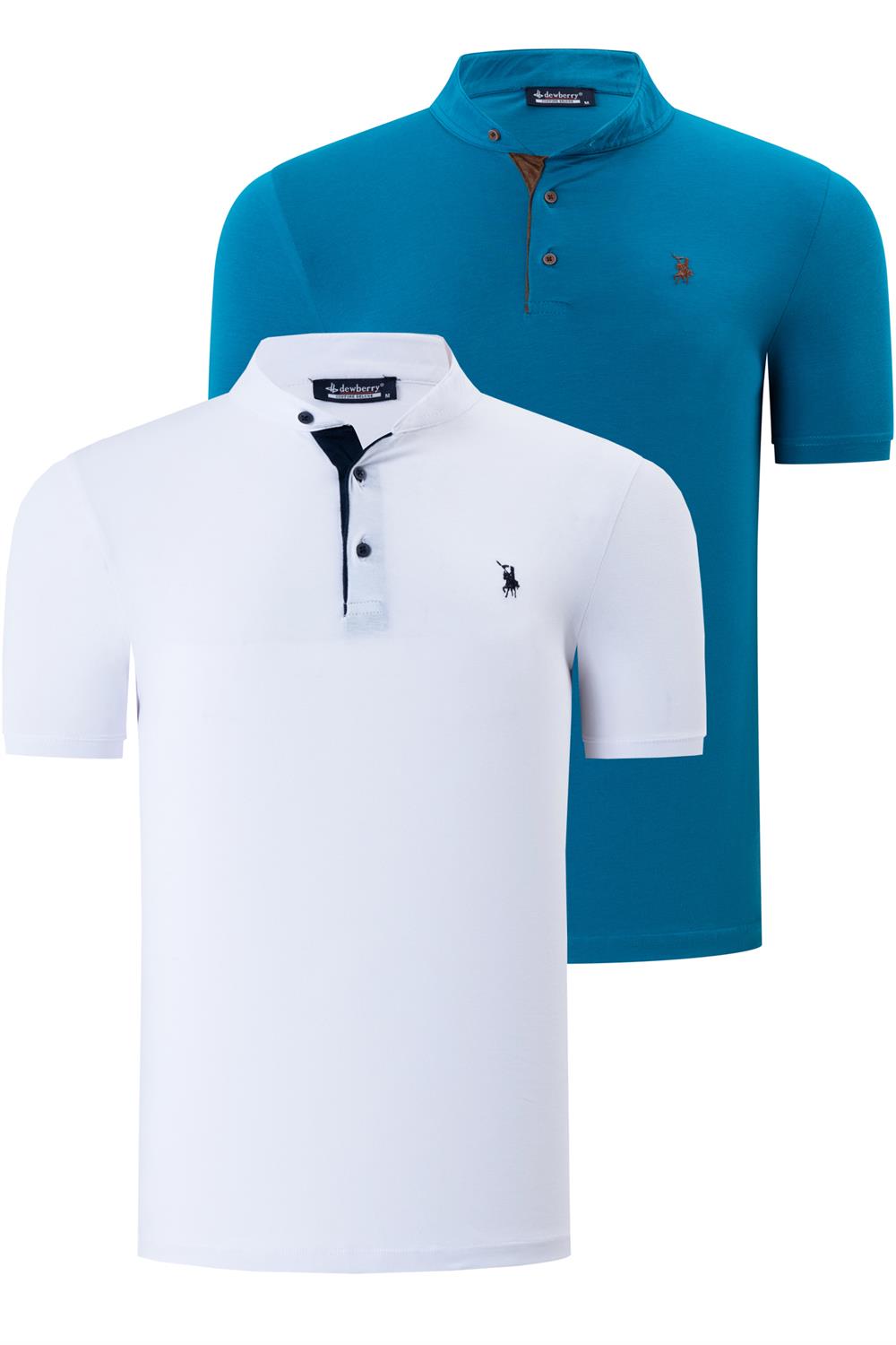 İKİLİ SET T8560 DEWBERRY ERKEK T-SHIRT-KOYU TURKUAZ-BEYAZ