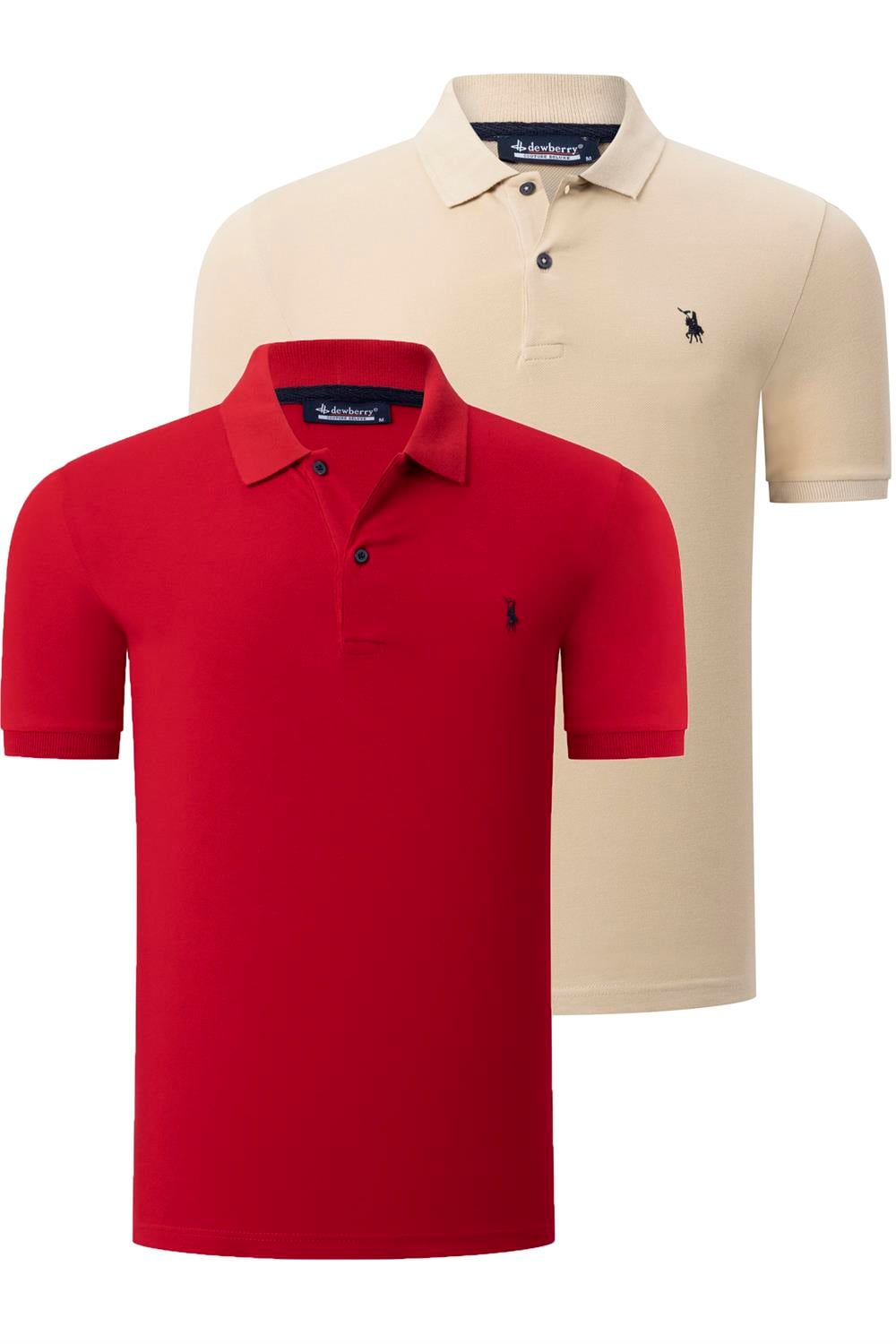 İKİLİ SET T8561 DEWBERRY ERKEK TSHIRT-BEJ-KIRMIZI