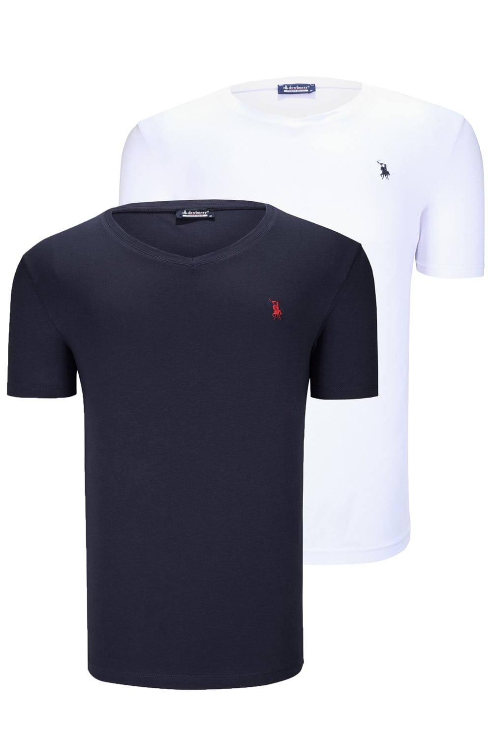 İKİLİ SET T8568 DEWBERRY V YAKA ERKEK T-SHIRT-KOYU LACİVERT-KAR BEYAZ
