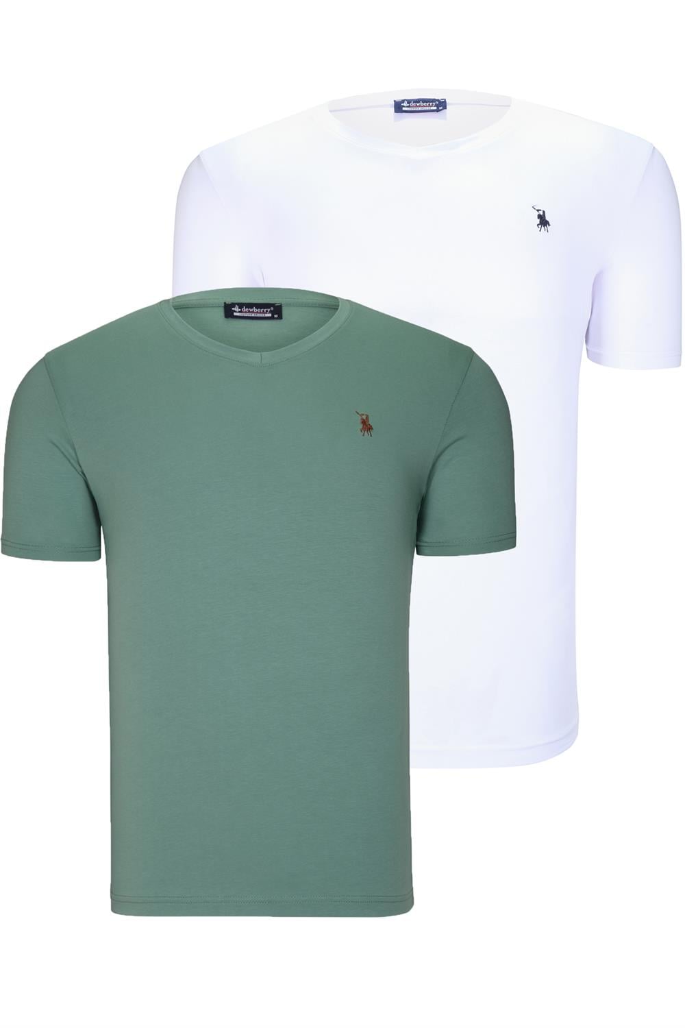İKİLİ SET T8568 DEWBERRY V YAKA ERKEK T-SHIRT-BEYAZ-AÇIK YEŞİL