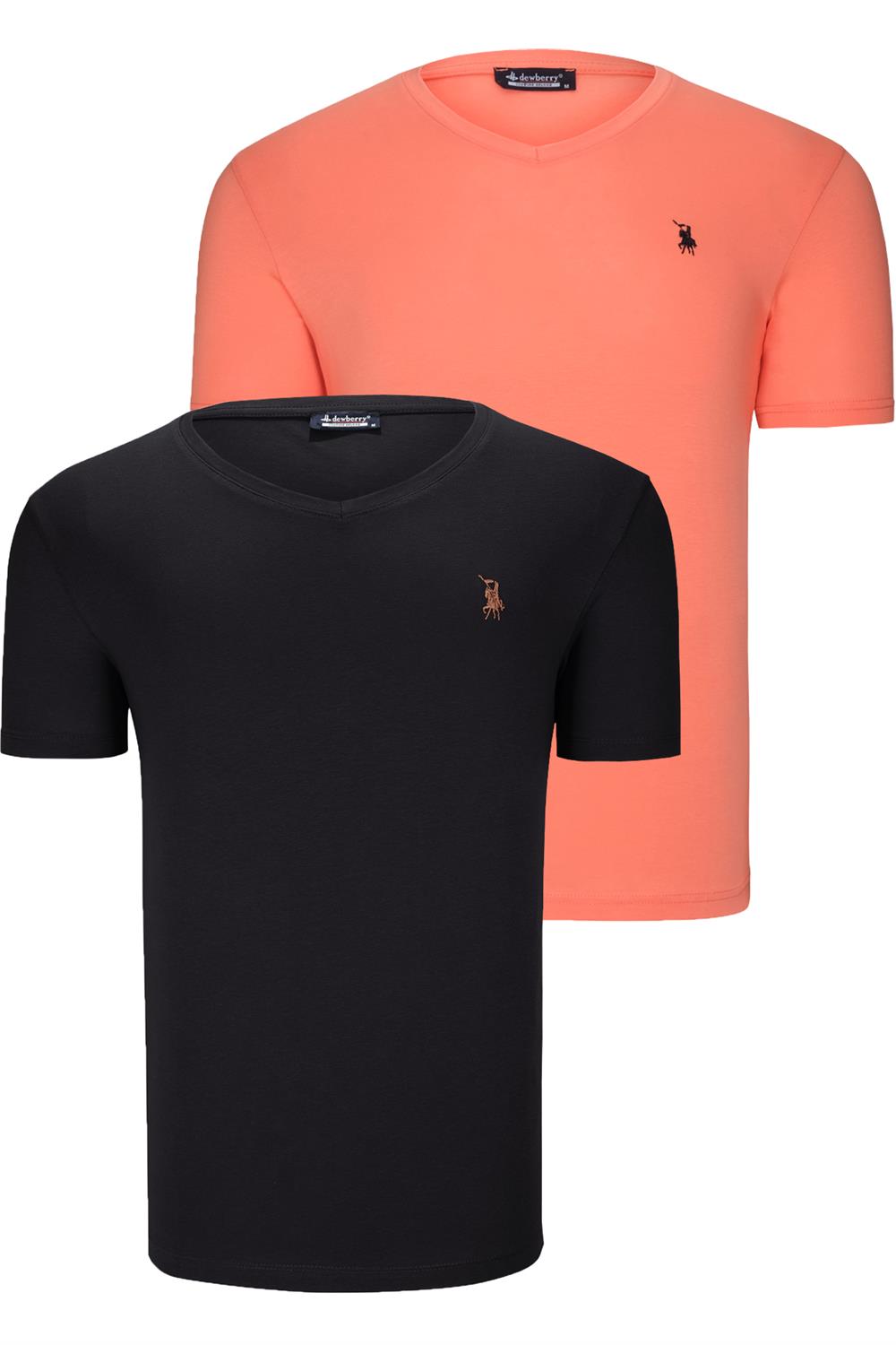İKİLİ SET T8568 DEWBERRY V YAKA ERKEK T-SHIRT-SİYAH-TURUNCU