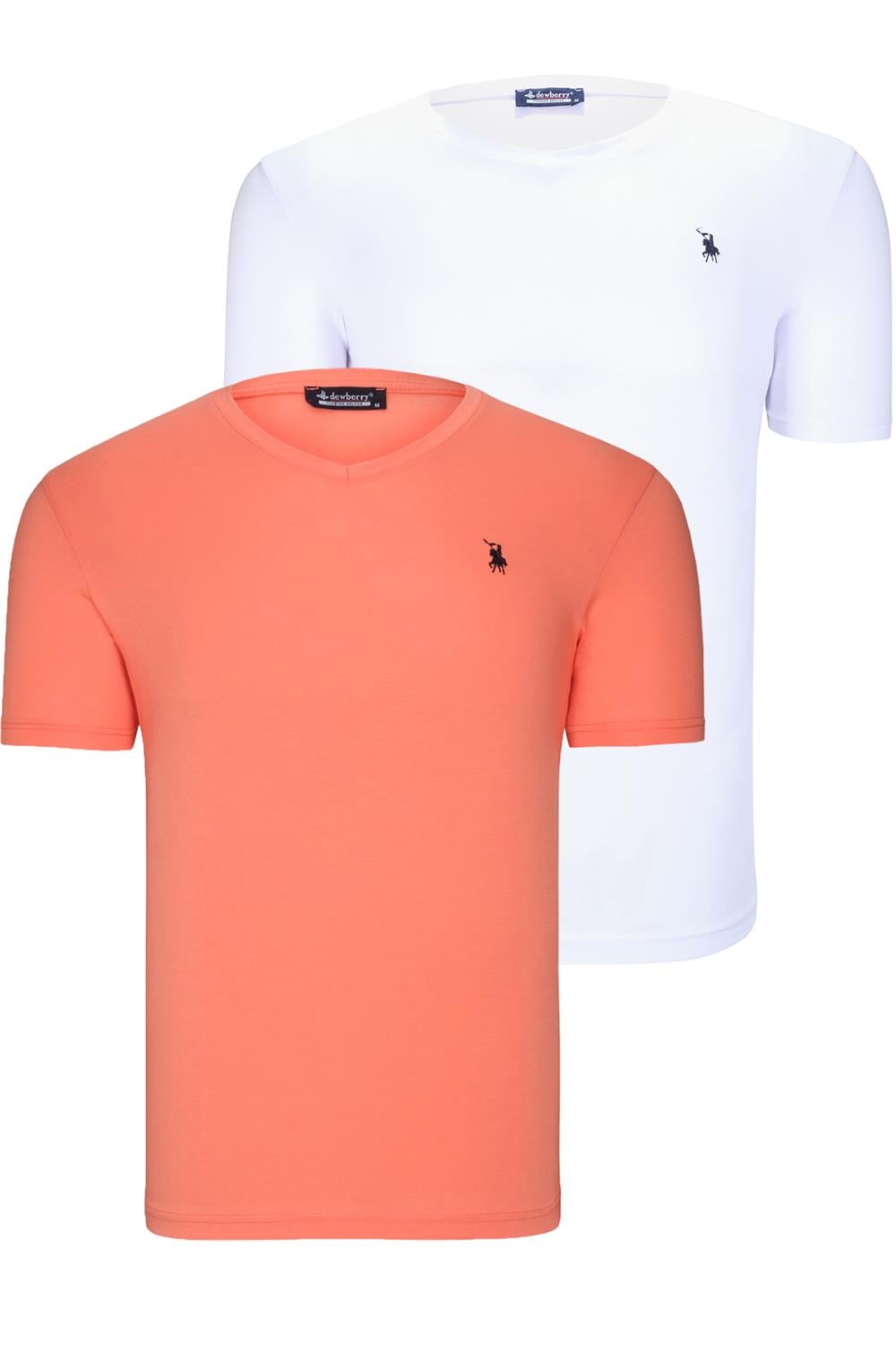 İKİLİ SET T8568 DEWBERRY V YAKA ERKEK T-SHIRT-BEYAZ-TURUNCU