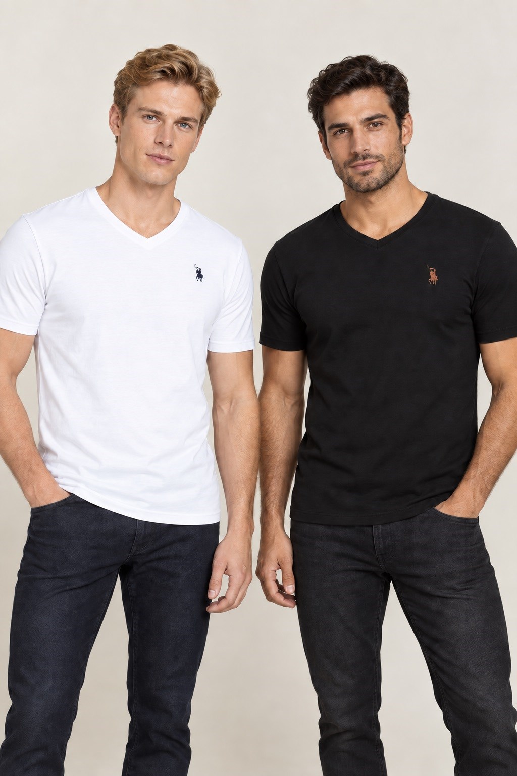 İKİLİ SET T8568 DEWBERRY V YAKA ERKEK T-SHIRT-SİYAH-BEYAZ-2