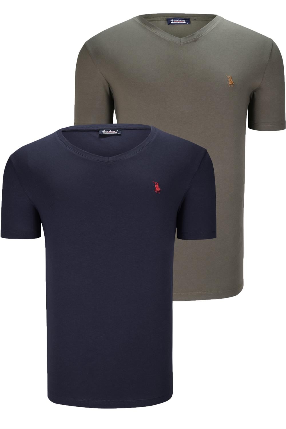 İKİLİ SET T8568 DEWBERRY V YAKA ERKEK T-SHIRT-LACİVERT-HAKİ