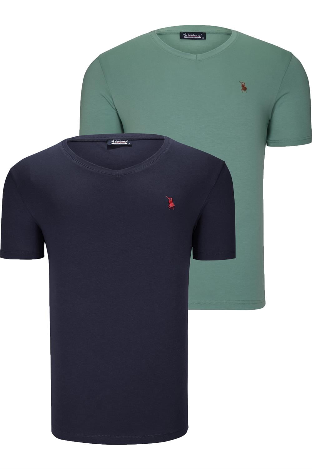 İKİLİ SET T8568 DEWBERRY V YAKA ERKEK T-SHIRT-LACİVERT-AÇIK YEŞİL