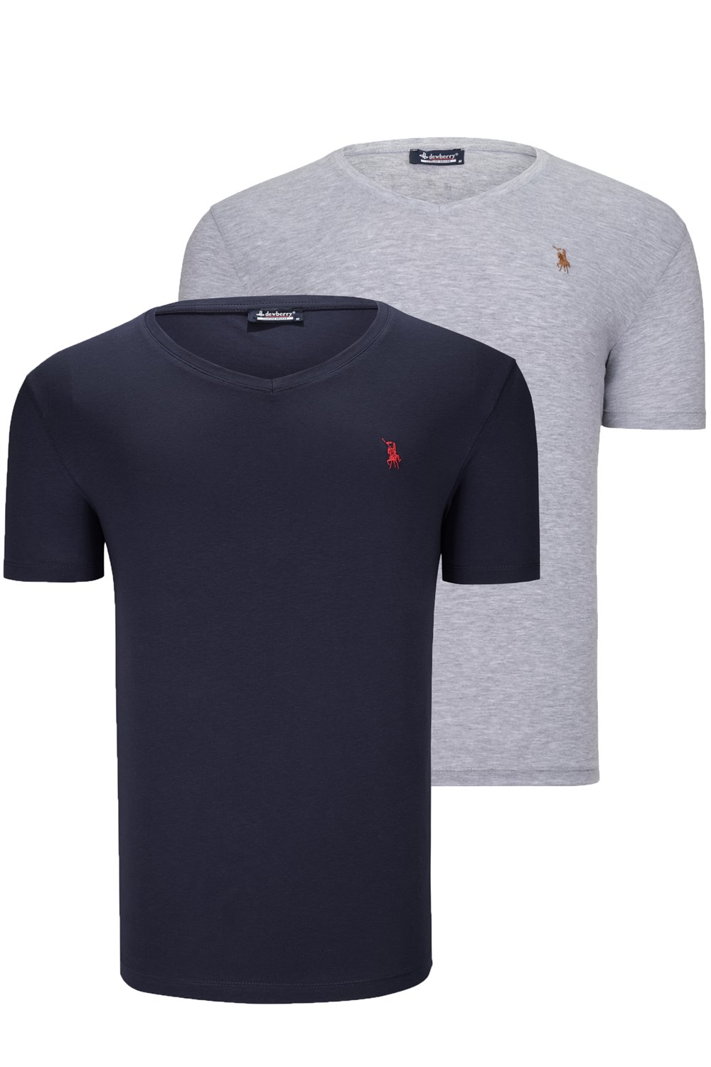 İKİLİ SET T8568 DEWBERRY V YAKA ERKEK T-SHIRT-AÇIK GRİ-KOYU LACİVERT