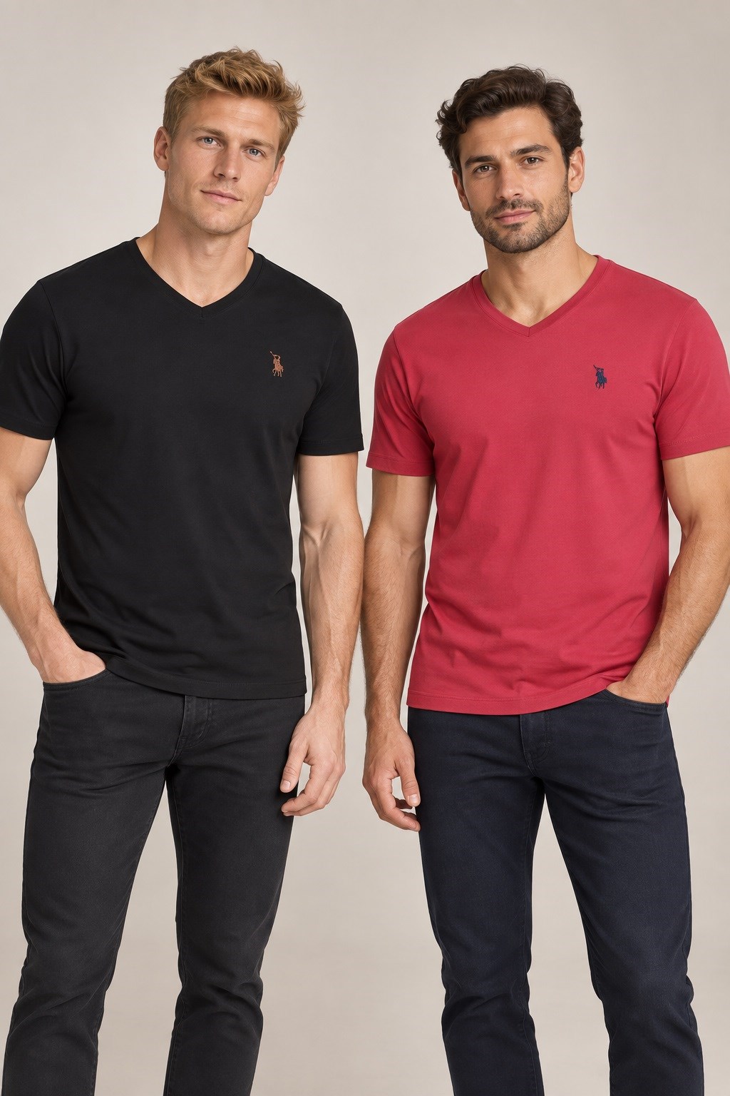 İKİLİ SET T8568 DEWBERRY V YAKA ERKEK T-SHIRT-BORDO-SİYAH