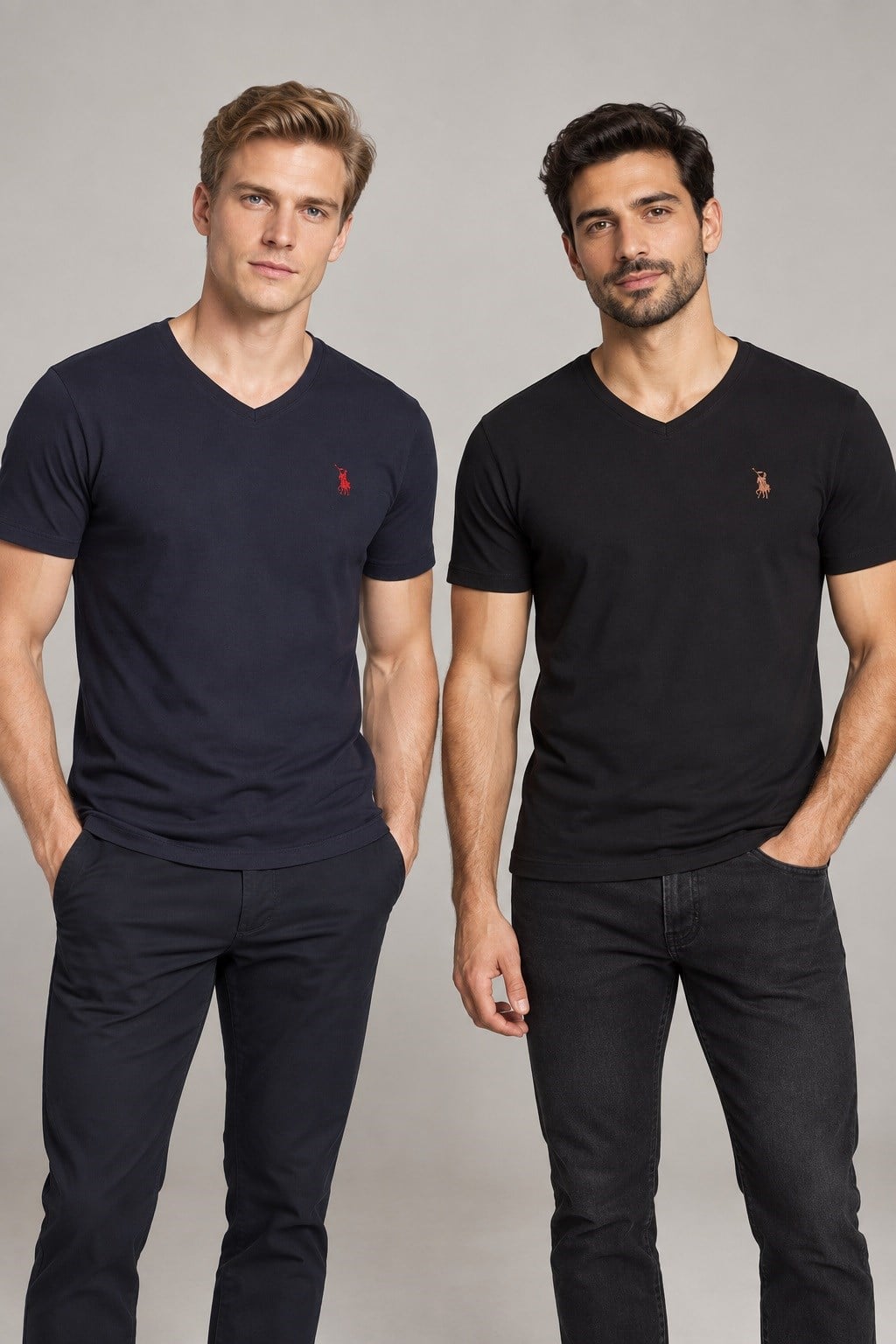 İKİLİ SET T8568 DEWBERRY V YAKA ERKEK T-SHIRT-SİYAH-LACİVERT-2