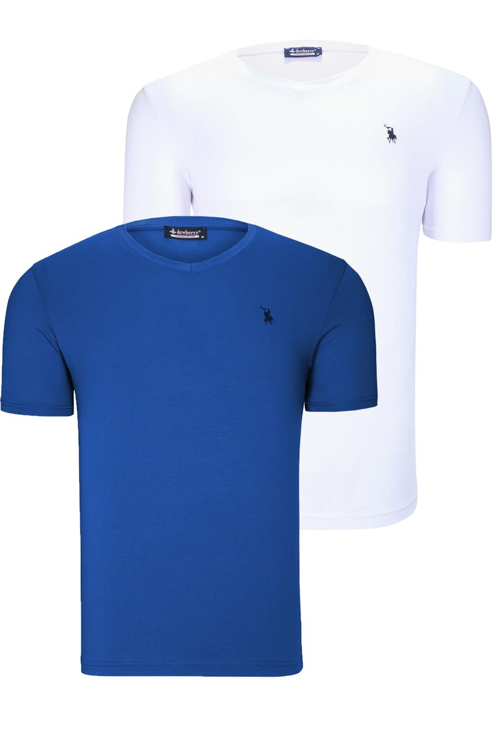 İKİLİ SET T8568 DEWBERRY V YAKA ERKEK T-SHIRT-BEYAZ-SAKS