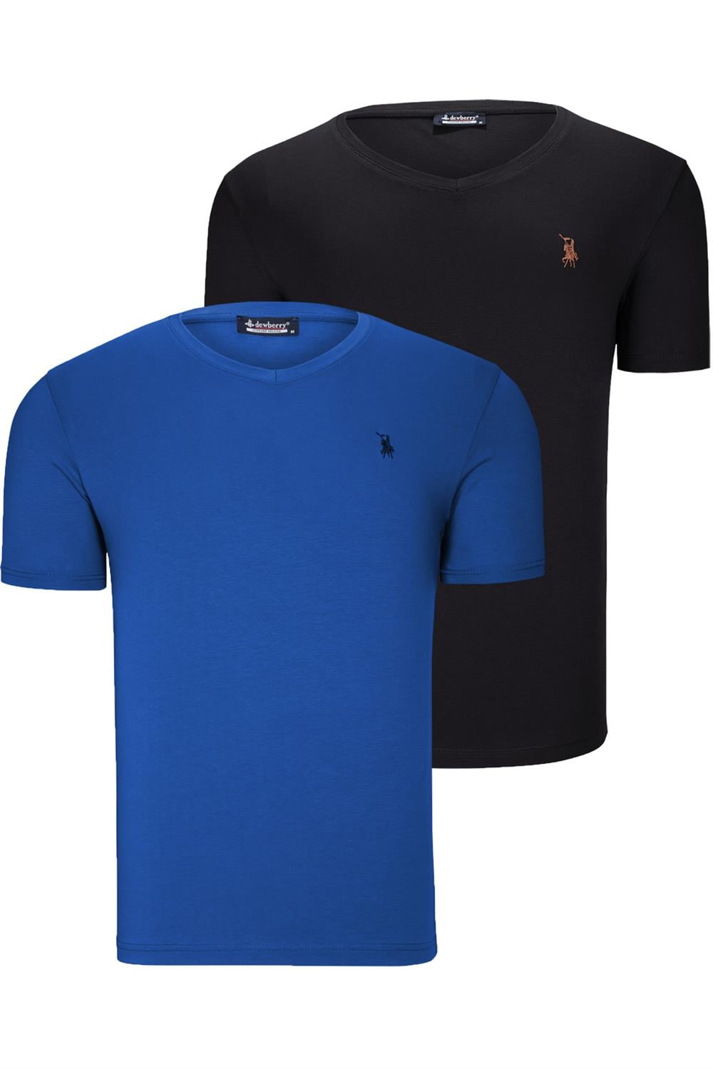 İKİLİ SET T8568 DEWBERRY V YAKA ERKEK T-SHIRT-SİYAH-SAKS