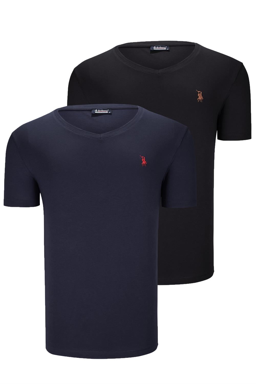 İKİLİ SET T8568 DEWBERRY V YAKA ERKEK T-SHIRT-SİYAH-LACİVERT
