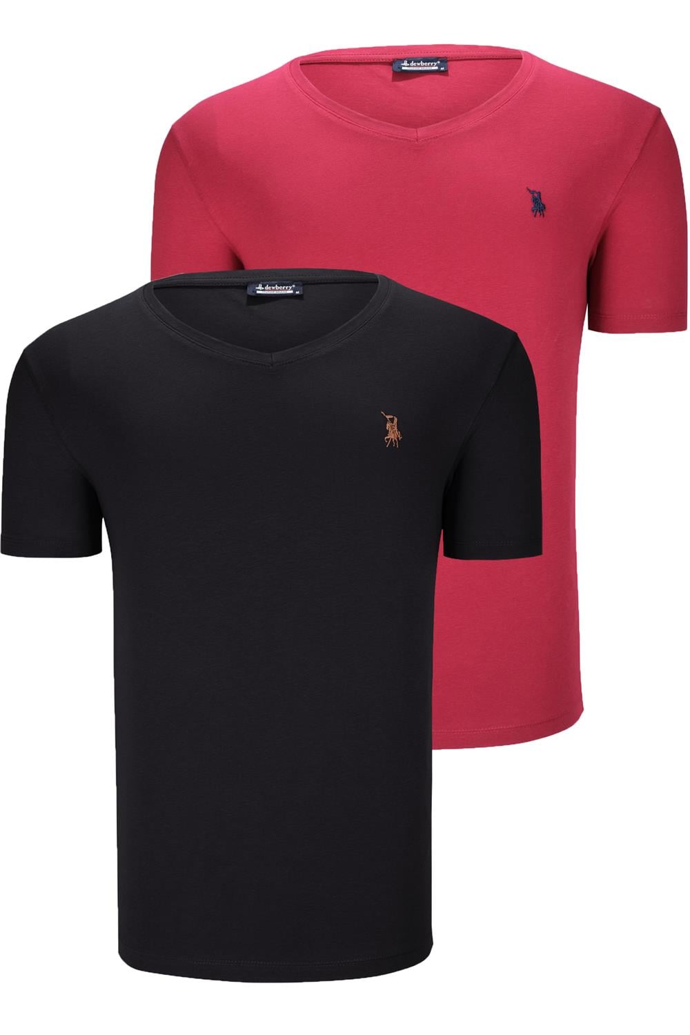 İKİLİ SET T8568 DEWBERRY V YAKA ERKEK T-SHIRT-SİYAH-BORDO