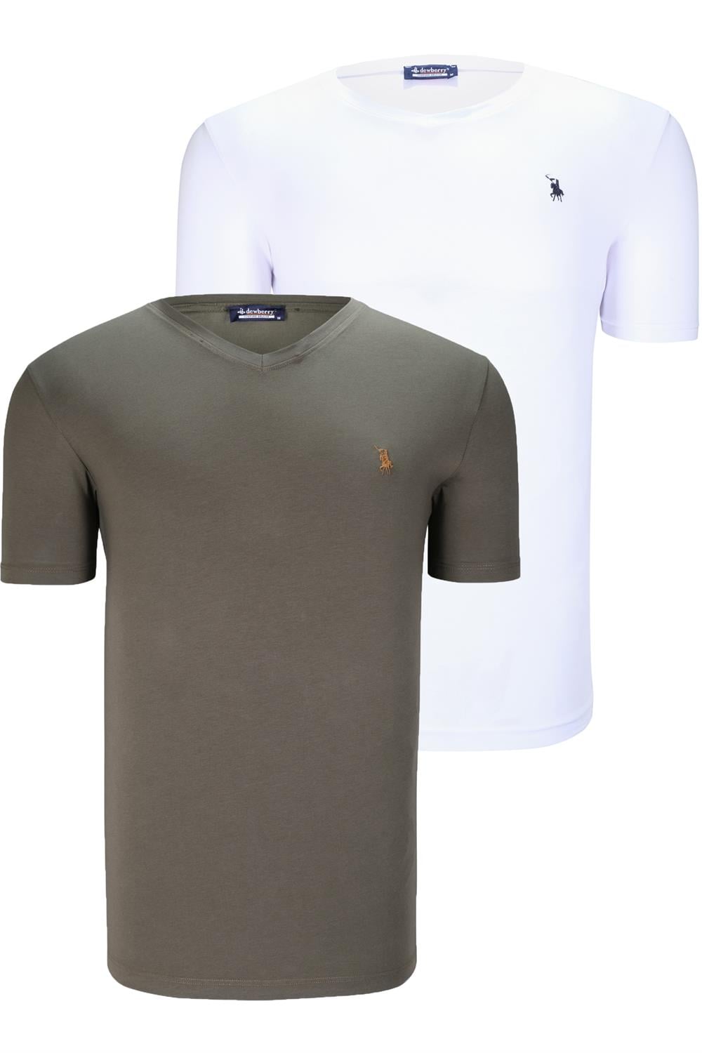 İKİLİ SET T8568 DEWBERRY V YAKA ERKEK T-SHIRT-BEYAZ-HAKİ
