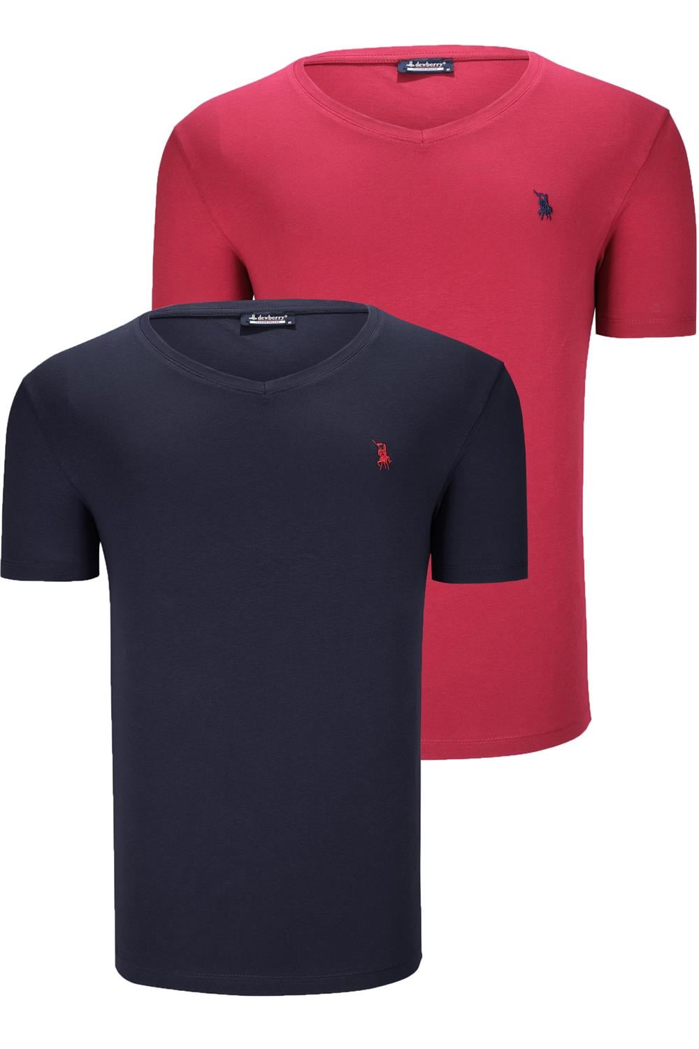 İKİLİ SET T8568 DEWBERRY V YAKA ERKEK T-SHIRT-LACİVERT- BORDO