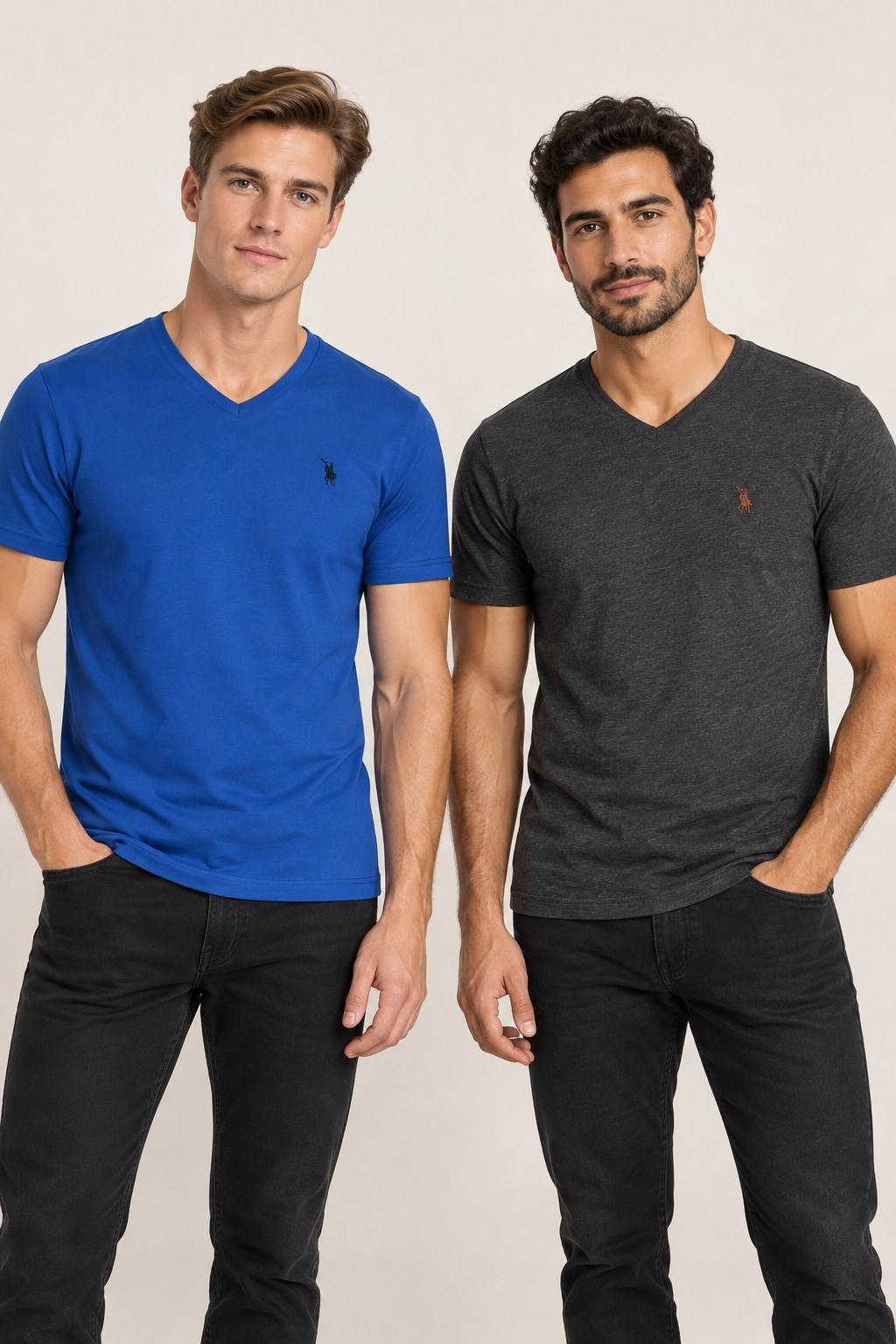 İKİLİ SET T8568 DEWBERRY V YAKA ERKEK T-SHIRT-SAKS-ANTRASİT