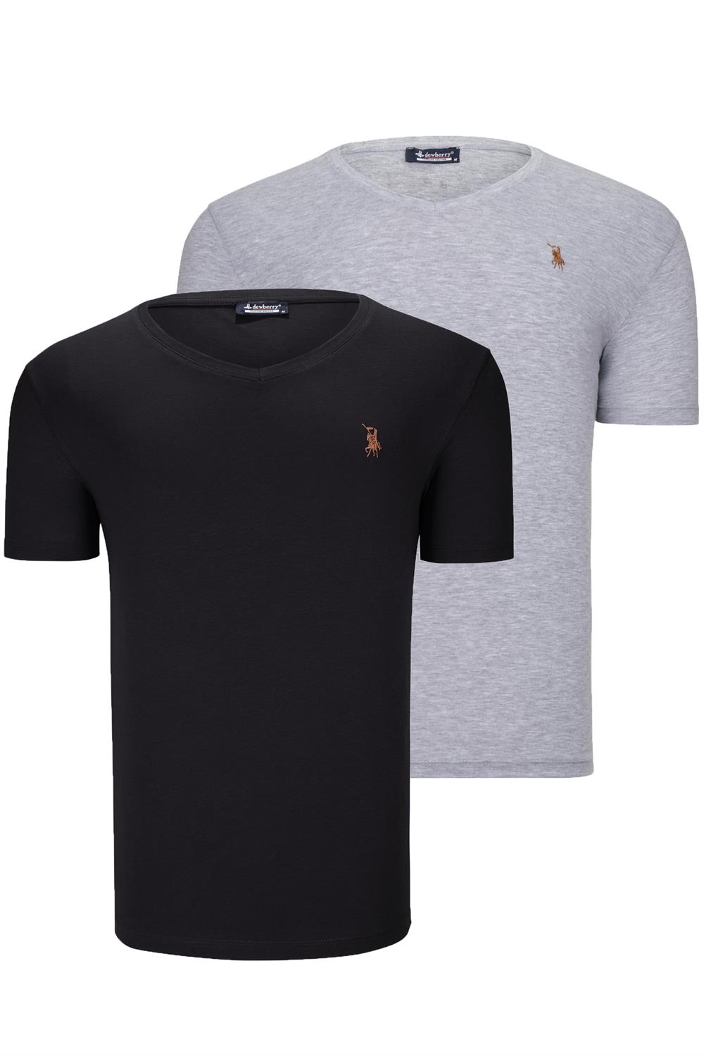 İKİLİ SET T8568 DEWBERRY V YAKA ERKEK T-SHIRT-SİYAH-GRİ