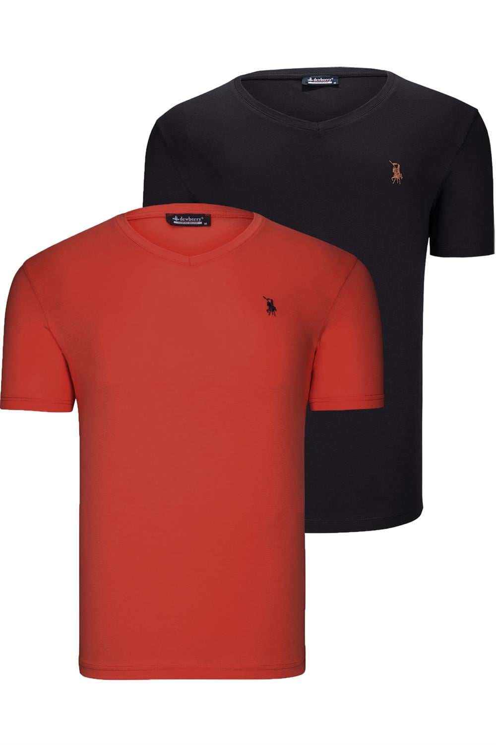 İKİLİ SET T8568 DEWBERRY V YAKA ERKEK T-SHIRT-SİYAH-KİREMİT