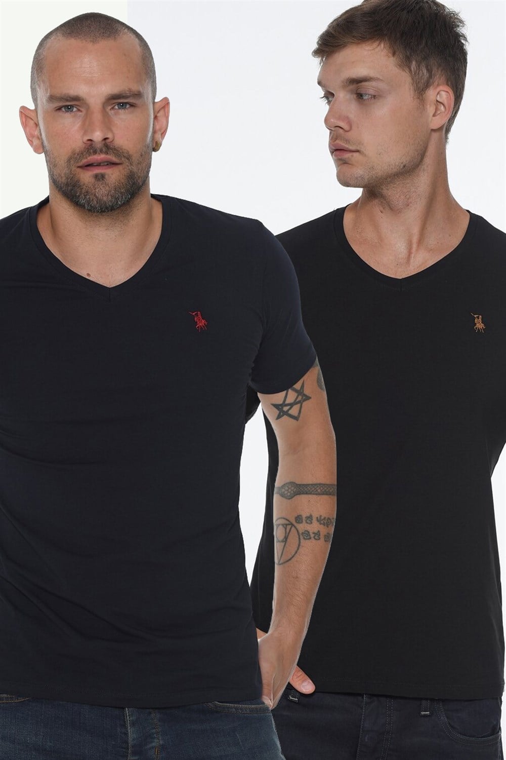 İKİLİ SET T8568 DEWBERRY V YAKA ERKEK T-SHIRT-LACİVERT - SİYAH