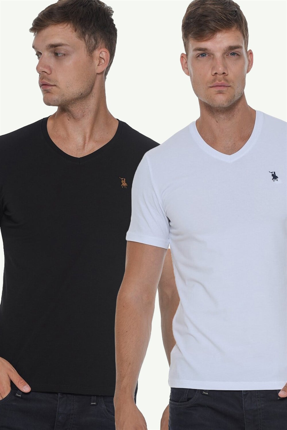 İKİLİ SET T8568 DEWBERRY V YAKA ERKEK T-SHIRT-BEYAZ-SİYAH
