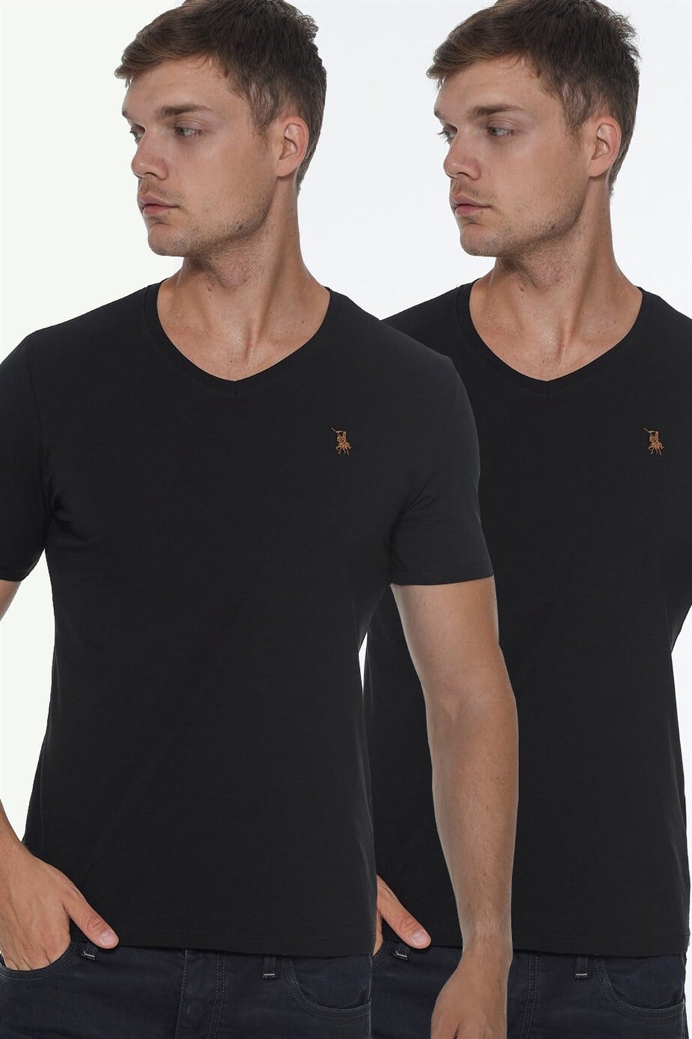 İKİLİ SET T8568 DEWBERRY V YAKA ERKEK T-SHIRT-SİYAH-SİYAH