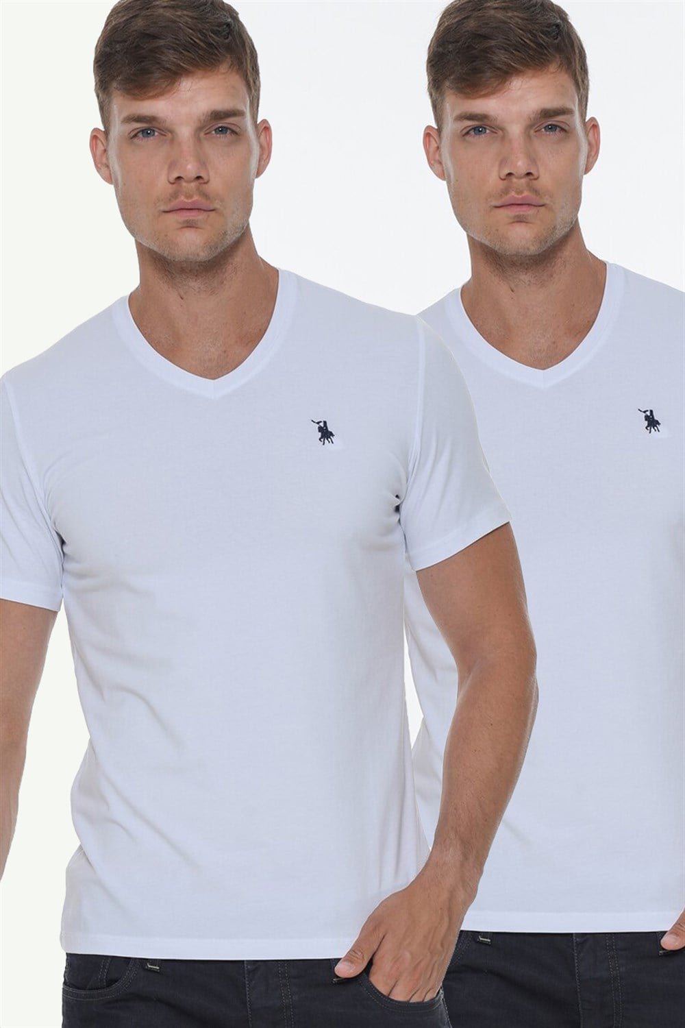 İKİLİ SET T8568 DEWBERRY V YAKA ERKEK T-SHIRT-BEYAZ-BEYAZ