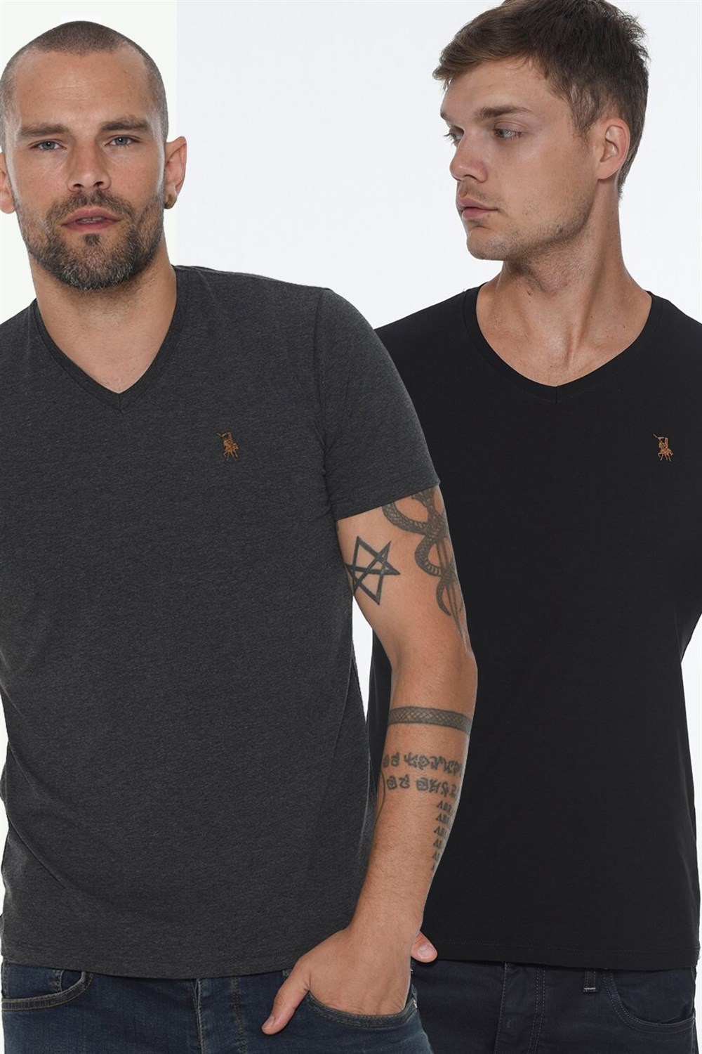 İKİLİ SET T8568 DEWBERRY V YAKA ERKEK T-SHIRT-SİYAH-ANTRASİT
