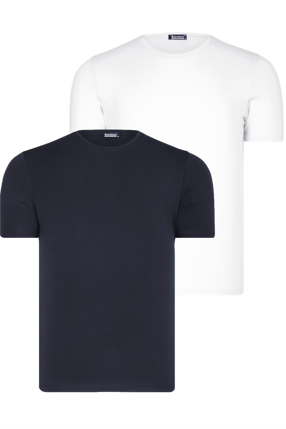 İKİLİ SET T8569 DEWBERRY BİSİKLET YAKA ERKEK T-SHIRT-KOYU LACİVERT-KAR BEYAZ