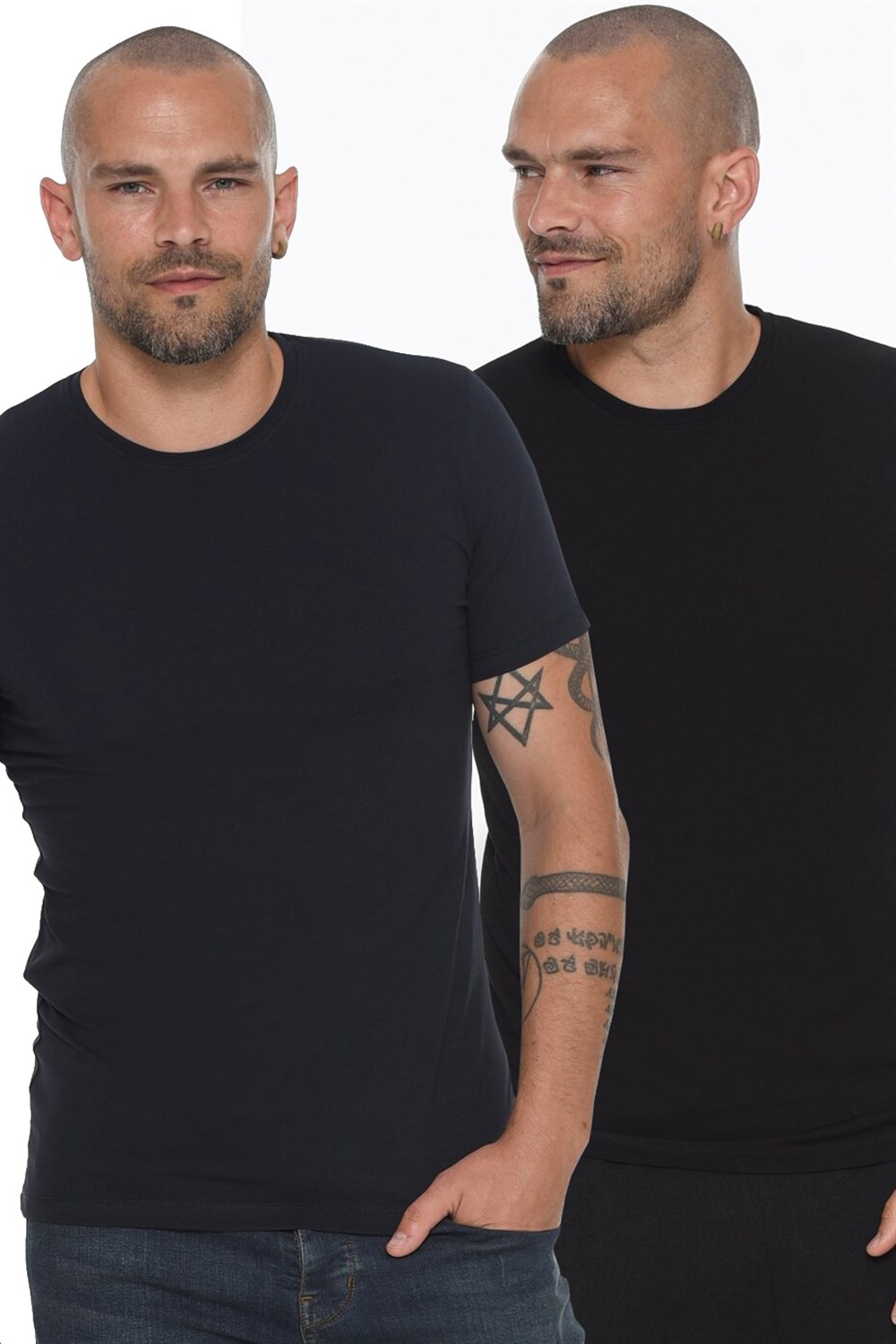 İKİLİ SET T8569 DEWBERRY BİSİKLET YAKA ERKEK T-SHIRT-LACİVERT - SİYAH