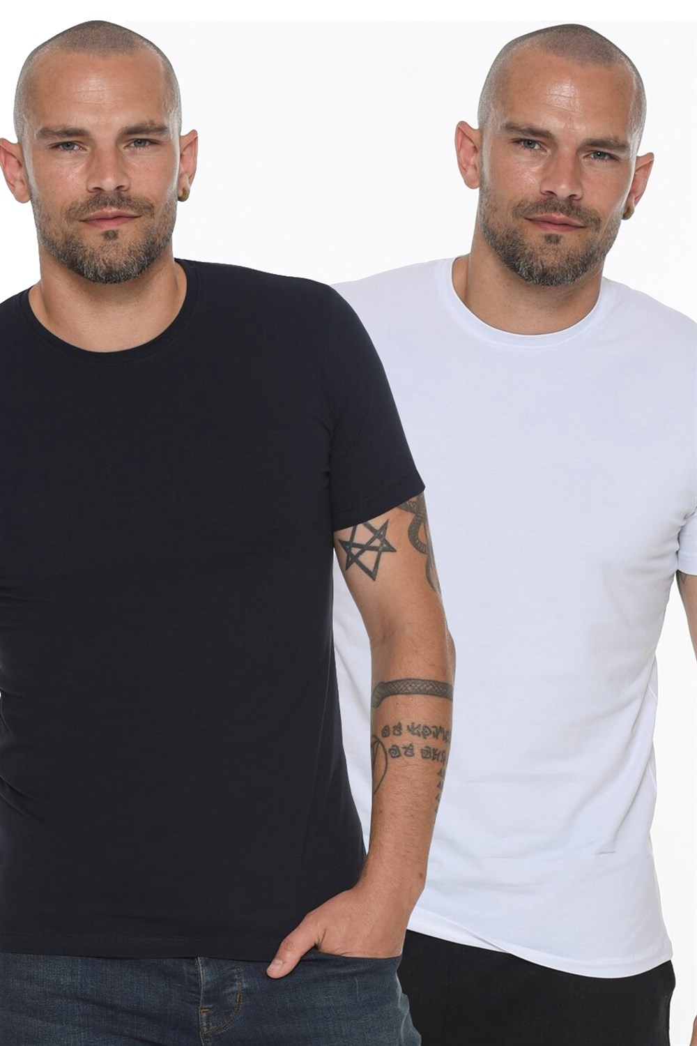 İKİLİ SET T8569 DEWBERRY BİSİKLET YAKA ERKEK T-SHIRT-BEYAZ - LACİVERT