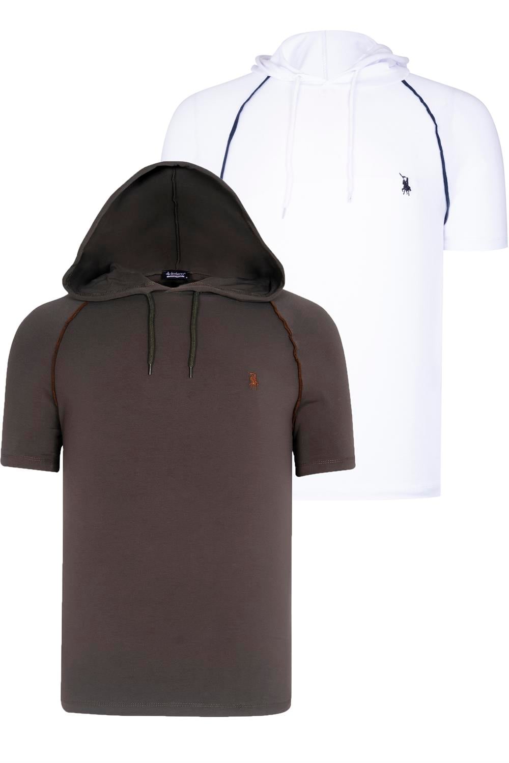 İKİLİ SET T8570 DEWBERRY KAPŞONLU ERKEK T-SHIRT-BEYAZ-HAKİ