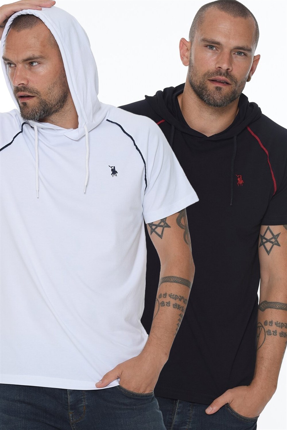 İKİLİ SET T8570 DEWBERRY KAPŞONLU ERKEK T-SHIRT-BEYAZ - LACİVERT