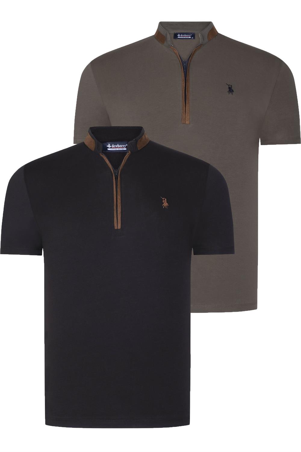 İKİLİ SET T8571 DEWBERRY FERMUARLI ERKEK T-SHIRT-SİYAH-HAKİ